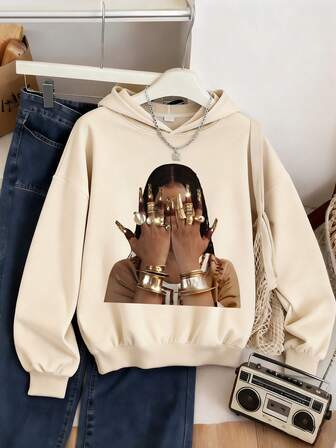 1pc Girls' Casual Letter Print Hooded Sweatshirt, Autumn And Winter Student Young Casual Wear - Minimalist English Letter Style Hooded Sweatshirt Inspiring Imagination And Self-Expression,Suitable For Daily Wear, Party, School, Attending Music Festivals, Vacation, Commuting. Can Be Given As A Gift To Family, Boyfriend,Girlfriend, Friends,Girls Winter Clothes