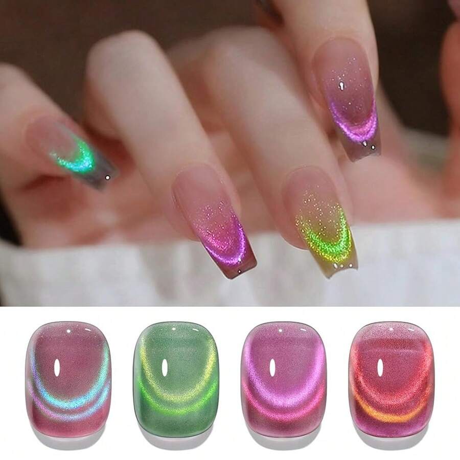 Cat Magnetic Eye Gel Nail Polish, Firefly Aurora Gel Polish With Magnet, Green Pink Purple Glassy Glitter Holographic Cat Magnetic Eye Gel Nail Polish For Nail Art Manicure Salon DIY 4PCS{Inchcolor_nameinch:InchFireflyAurorainch} - 螢火蟲極光 - 查看 1