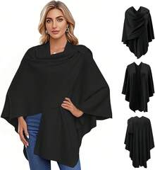 Capa Poncho para Mujer 130x150 cm - Capa Elegante de Punto Suave, Chal Bufanda Grande con Frente Cruzado para Otoño e Invierno - Oficina, Viaje, Hogar - Negro - Ver 12
