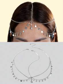 1件简约时尚中东畅销金属流苏珍珠心形水钻星星几何吊坠头饰,适合节日派对礼物(手工链条可裁剪尺寸,水钻星星数量不定),准新娘,女士发饰 - 彩色 - 查看 17