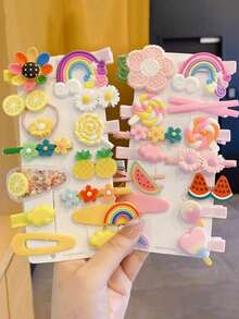 28 piezas/set empaquetado en OPP, pasadores para el cabello con diseño de margarita, paleta, flor, fruta y arcoíris, juego de accesorios para el cabello para niñas