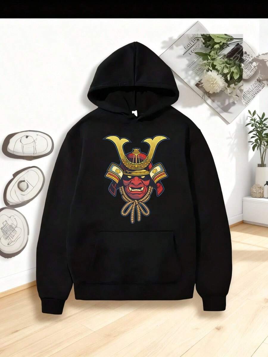 Capucha suéter para hombres y mujeres máscaras samuráis japonesas estampadas en la calle casual - Negro - Ver 1