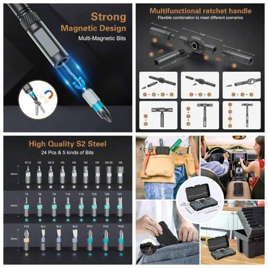 24 In 1 Magnetic Screwdriver Set, Ratchet Screwdriver Set, Multi Bit Magnetic Drive Set With Detachable Ratchet Handle, Portable Precision Repair Kit Furniture Computer - 24合1 - 查看 1