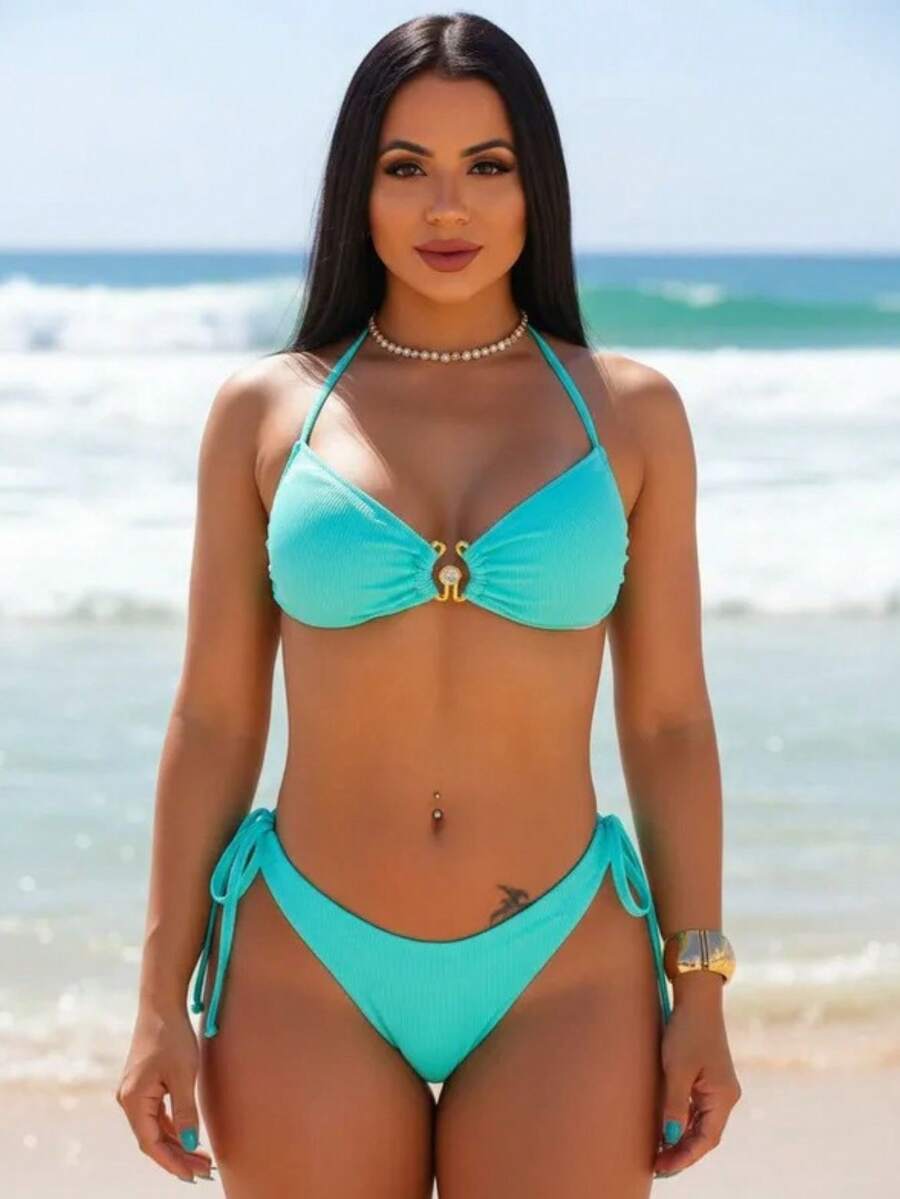 Two-Piece Bikini Set With Padded Bra And Tie-Side Thong Bottom. - Màu lục lam - Xem 1