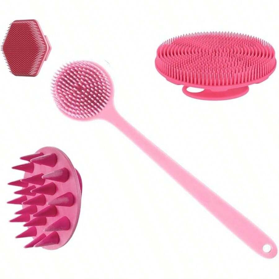 cepillo de silicona para cuerpo - 1 cepillo de limpieza de espalda de largo, cepillo de baño corto, cepillo para lavar el pelo y cepillo para lavar la cara, herramientas de limpieza (pink) RKYV - Rosa - Ver 1