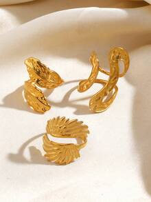 3pcs Stainless Steel Minimalist Feather Wing Ring Set, Suitable For Women's Daily And Party Wear - Multicolor - View 5