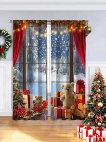 2PCS Christmas-Themed Brushed Fabric Digital Printed Curtains, With A Design Of Red Curtains Decorated With Small String Lights. Rod Pocket Installation, Made Of Translucent Polyester Fabric. Suitable For Living Rooms, Kitchens, Bedrooms, Hotels And Dining Rooms.
