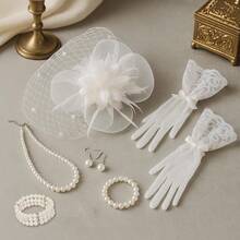 7Pcs Fascinators For Women20s 50s Tea Party Fascinator Hats For Women Feather Pearl Veil Tea Party Hats And Jewelry Set - White - View 6