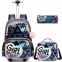 Girls Rolling Backpack For School With Wheels 3PCS Set Of Kids Luggage Backpack With Pencil Case And Lunch Box Back To School
