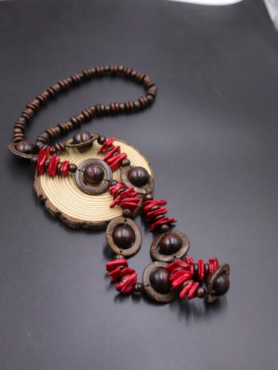 1pc Bohemian Two-Tone Wooden Bead & Coconut Shell Necklace, Retro Accessory For Vacation Outfit - Red - View 1