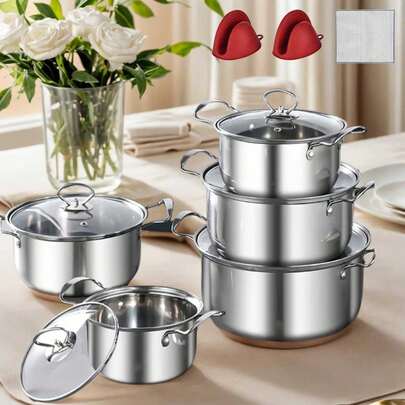 10-Piece Stainless Steel Cookware Set, Non-Stick Kitchen Cookware Set, Suitable For Induction Cooktops, Electric Cooktops, And Gas Stoves, With Non-Stick Coating And Machine Washable (With 2 Pairs Of Scald-Proof Gloves And 1 Pot Washing Cloth Included), Thanksgiving Gift.
