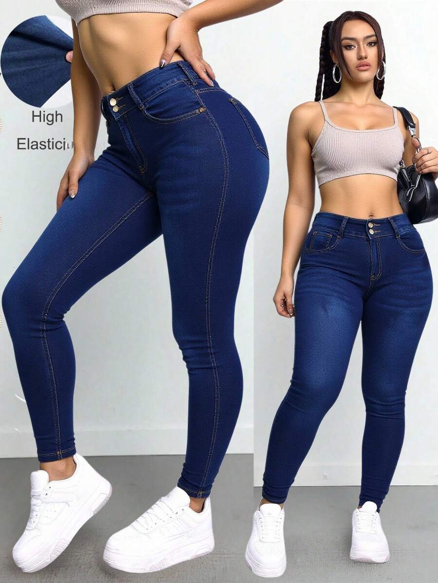 Pantalones de mezclilla azul oscuro de tiro alto y ajustados, diseño de dos botones, alta elasticidad, realza glúteos y afina la silueta, casuales, modernos y versátiles. - Azul lavado oscuro - Ver 1
