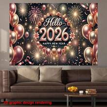 2D Flat Banner, 1pc Hello 2026 New Year's Eve Party Banner - Gold & Pink Balloons, Confetti And 2026 Numeral Background, Suitable For 2026 Themed Events Large Durable Decoration, Happy New Year Banner, Happy New Year Decor, Happy New Year Background - Khaki - View 5