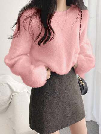 Women's Solid Color Mohair Crew Neck Sweater, Autumn/Winter