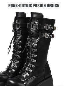 Women Punk Motorcycle Boots Platform High Wedge Heel Metal Buckle Side Zipper Lade Up Round Toe Shoes Cool Fashion Gothic Boots For Woman - màu đen - Xem 3