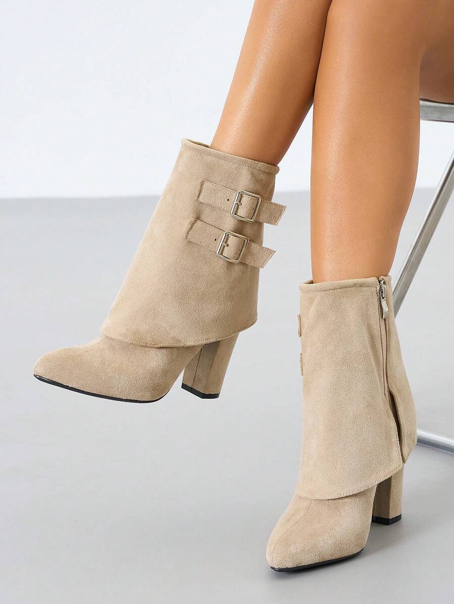 Botas de cano curto com salto grosso, modelo slip-on, em patchwork, cor sólida, confortáveis, para o trabalho ou deslocamento, coleção outono/inverno 2025. Estilo western, perfeitas para usar com calças. - Damasco - Ver 1