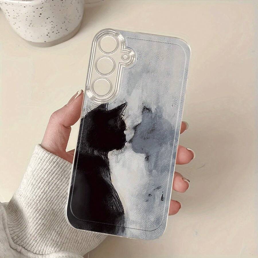 Funda de teléfono Black Shadow Cat para Samsung Galaxy A02 A03S A04 A05S A06 A13 A14 A15 A16 5G A21S A22 A23 A24 A25 A26 A32 A34 A35 A36 A50 A52 A53 A54 A55 A56 A73 S21 Ultra S22 Plus S23+ S24 FE S48, funda de TPU transparente a prueba de golpes de cobertura completa, funda suave creativa de moda simple a prueba de golpes - Color transparente 2 - Ver 1