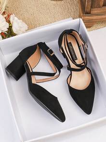 Women's Solid Color High Heel Pumps, Suitable For Commuting, Elegant, Business, Chinese Wedding, Western Wedding, New Chinese Style, Sexy Party, Fashion-Forward Party, Unisex Elegant, Graceful, PU Leather, Buckle, Criss-Cross Strap, Luxurious Fashion Women's Thick Heel Pumps, New Black Pointed Toe Hollow Shoes, Roman Style Thin Strap Bare Strap Criss-Cross Buckle Design - Black - View 6