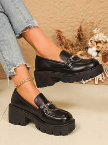 Women's Platform Chunky Heel Mid-Heel Closed Toe PU Leather Shoes With Metal Chain Decor, Fashion New Style Suitable For All Seasons