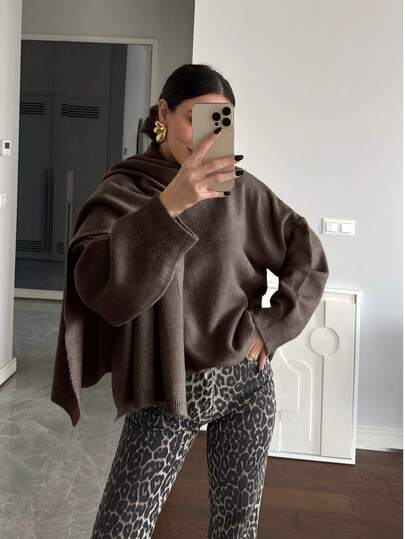 Women's Solid Color Knitted Sweater With Scarf 2-Piece Set, Fashionable And Elegant Sweater Outfit, Suitable For Daily Wear And Casual Styling, Minimalist Women's Clothing