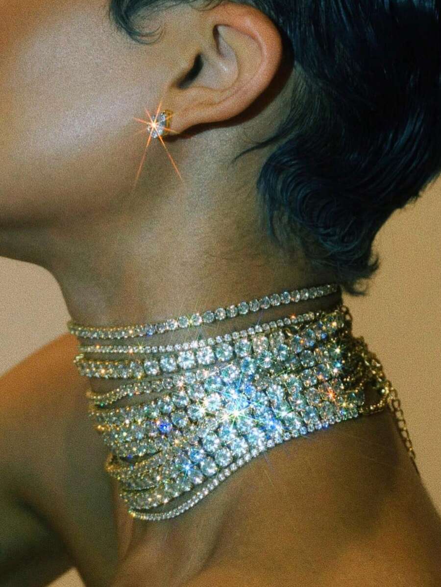 1pc Fashionable & Elegant Full Crystal Bridal Jewelry, Shiny Single Row Diamond Necklace, For Women - Silver - View 1