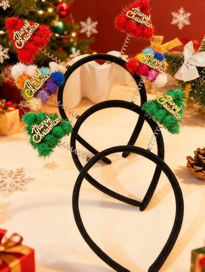 قطعة واحدة شريط رأس للنساء بتصميم شجرة عيد الميلاد الحمراء والخضراء مع بوم بوم، وكتابة "عيد ميلاد سعيد" بشكل جميل