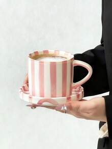 1 Set Pink Striped Coffee Cup & Saucer, Minimalist European Style Ceramic Cup & Saucer Set, Household Breakfast Milk Cup, Water Cup, Juice Cup, Afternoon Tea Cup, Gift Cup - Multicolor - View 4