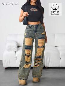 Quần jeans Mobula Sound Casual Elegant đa năng dành cho nữ, thích hợp mặc vào mùa xuân/hè, thường ngày, ngày lễ, mặc hàng ngày, hẹn hò, tiệc tùng, sân bay, quần denim ống đứng rách dáng rộng cổ điển - Màu xanh cổ điển - Xem 2
