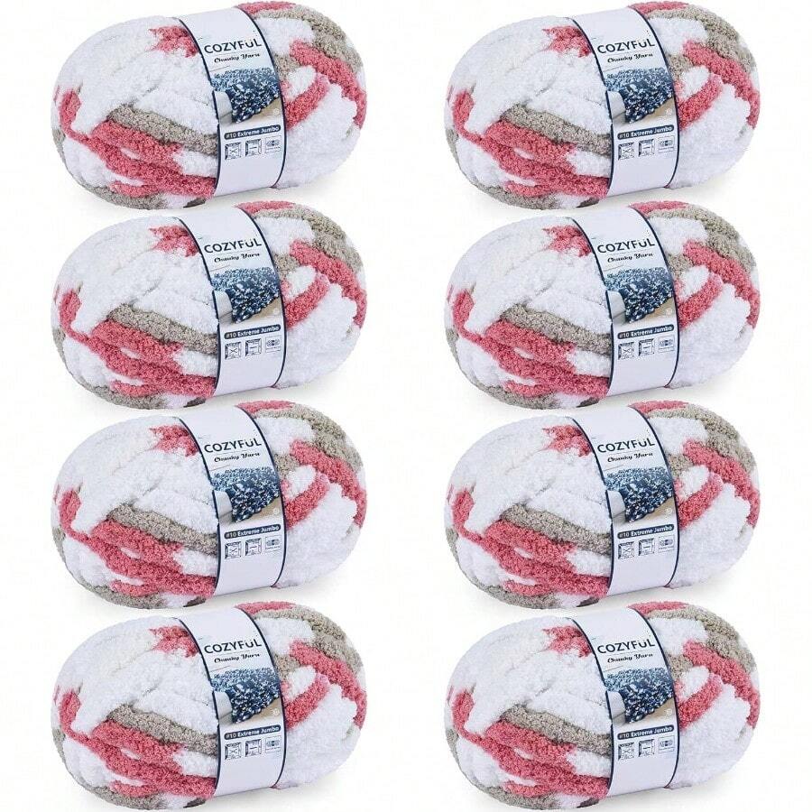 Chunky Yarn Hand Knitting - #10 Chunky Chenille Blanket Yarn, Jumbo Big Thick Chunky Yarns Crocheting, Tie Dye Bulky Knit Yarns, 8 Skein 25 Yds 8 Oz Each Skein SageKhaki - 8 件裝 + 卡其色 & 玫瑰色 & 白色 - 查看 1