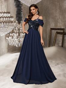 QOQ 简约别致雪纺正式礼服，闪亮亮片，适合鸡尾酒会、晚宴、生日派对、婚礼宾客、舞会等场合，露肩修身长裙 - 藏蓝色 - 查看 5