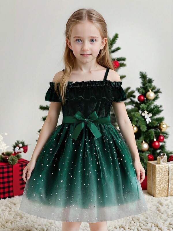 Young Girls' Off Shoulder Ruffled Hem Floral Splice Gradient Sequins Mesh Dress With Belt, Korean Velvet Fabric, Suitable For Outdoor, Party, Spring/Summer