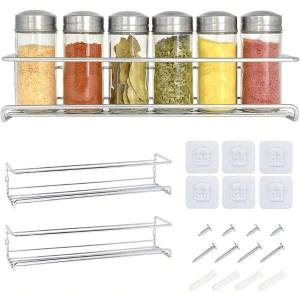 Joeji's Kitchen 2 Tier Metal Spice Racks Wall Mounted Spice Jar Storage Rack Organiser Hanging Spice Rack For Inside Cupboard Strong Adhesive No Drill Ideal For Spices Condiments Silver