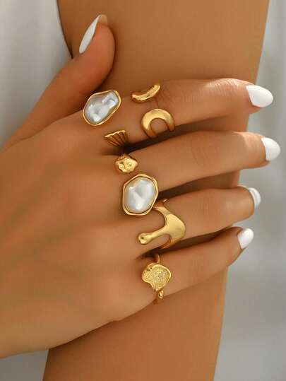 5pcs Asymmetrical Geometric Beads Liquid Metal Style Casual Versatile Women Rings Set, Luxurious Retro Vintage Rings