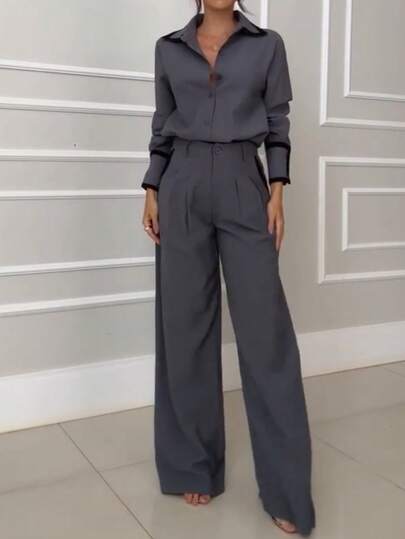 Conjunto de 2 piezas para mujer de top elegante con bloques de color y ribete, y pantalones de cintura alta, cierre con botones, conjunto casual