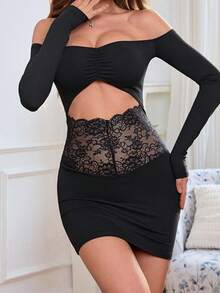 Onicee 夏季连衣裙，性感露肩镂空蕾丝拼接修身连衣裙，优雅服饰，适合情人节、约会、聚会、派对、旅行、度假、海滩等场合。 - 黑色 - 查看 8