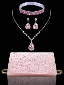 Sparkling Rhinestone Flap Clutch Bag, Elegant Pleated Handbag For Party, Includes Sparkling Rhinestone Jewelry Set, Suitable For Party, Gala, Gathering, Ball, Wedding And Other Occasions ,Pink Bag - Pink - View 11