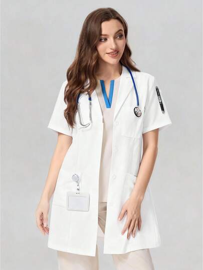 cimmuovere Women's Long Sleeve V-Neck Scrubs Nurse Scrubs Workwear Dentist Healthcare Pet Hospital Laboratory Coat White Spring