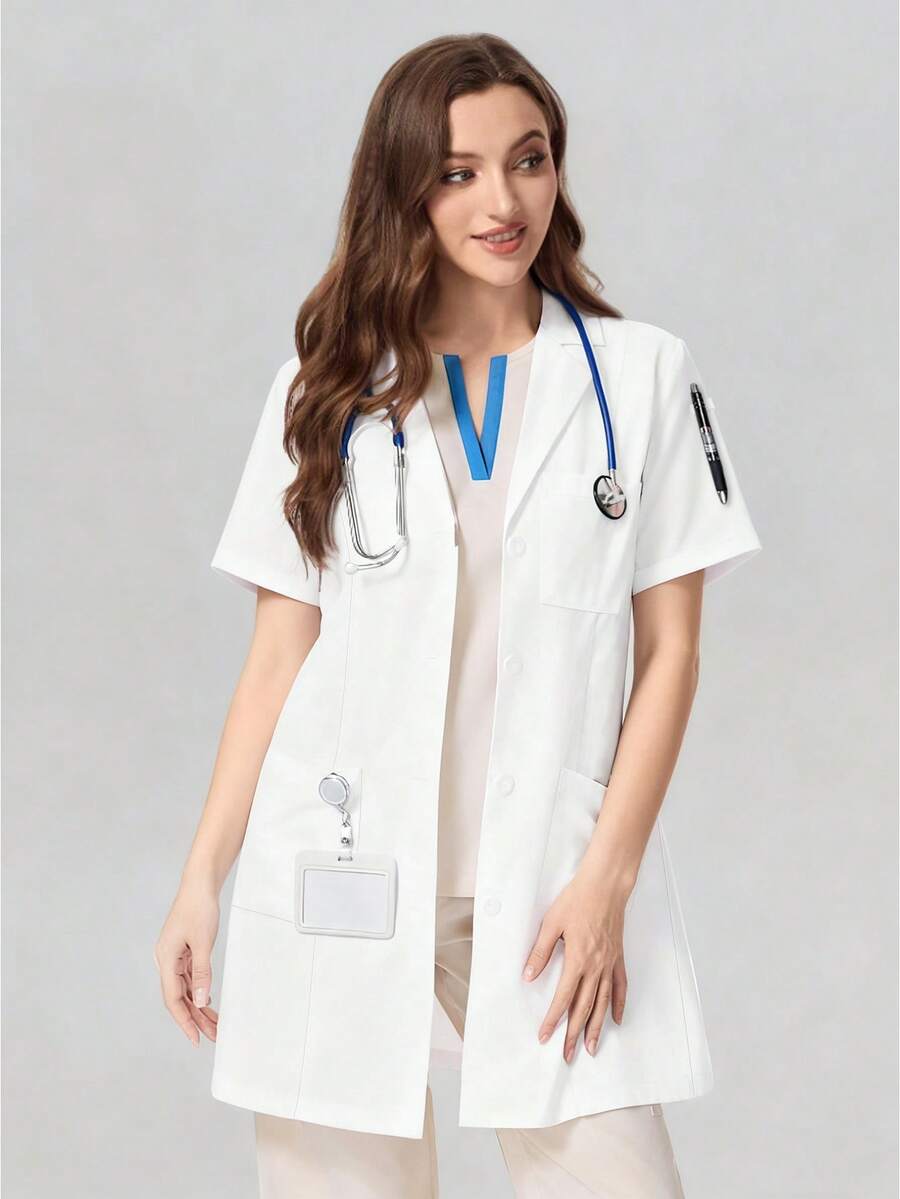 cimmuovere Women's Long Sleeve V-Neck Scrubs Nurse Scrubs Workwear Dentist Healthcare Pet Hospital Laboratory Coat White Spring - White - View 1