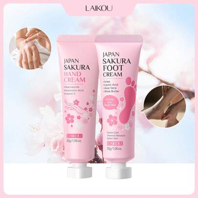 LAIKOU 2支莱寇日本樱花深层滋养护手霜和护足霜，每支30克，抗皱护手霜，保湿护足霜，美白身体护理霜，适合女性、妈妈、妻子、姐妹、青少年、女朋友，旅行、露营、徒步、户外SPA必备，也是送给女朋友的SPA级自用好礼。
