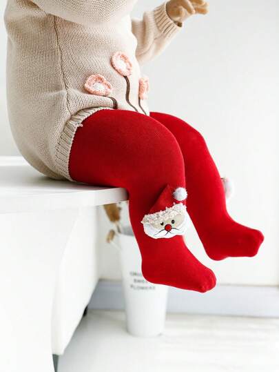 1pc Girls/Infants Red Santa Claus Leggings, Fashionable Tights Suitable For Christmas Holiday