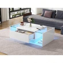 *50*31cm Coffee Table, Coffee Table With 1 Drawer And LED Light Bar, Side Table Made Of Tempered Glass, High-Gloss Sofa Table, Black Living Room Table With Minimalist Design - White + Particle Board - View 7