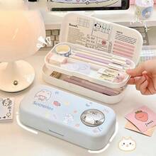 1pc Morandi Simple Stationery Box, Cartoon Large Capacity Double Layer Pencil Box, Multi Functional Stationery Storage Box, Comes With DIY Same Series Random Stickers