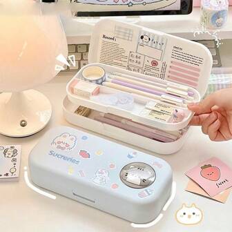 1pc Morandi Simple Stationery Box, Cartoon Large Capacity Double Layer Pencil Box, Multi Functional Stationery Storage Box, Comes With DIY Same Series Random Stickers