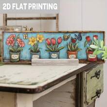 1 szt., zabytkowy, żelazny znak ścienny, kolorowa donica ogrodowa z motywem tulipanów, stokrotek i motyli, dekoracja w stylu wiejskim, odpowiednia na werandę, do ogrodu, kuchni, patio – ręcznie robiona, nie wymaga prądu, dekoracja ogrodu, dekoracja ścienna w stylu wiejskim, żywy, płaski element artystyczny