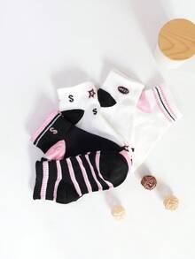 1 paquete de 5 pares de calcetines cortos cómodos, de moda y casuales con letras, rayas y dibujos animados para mujer - Rosa - Ver 4