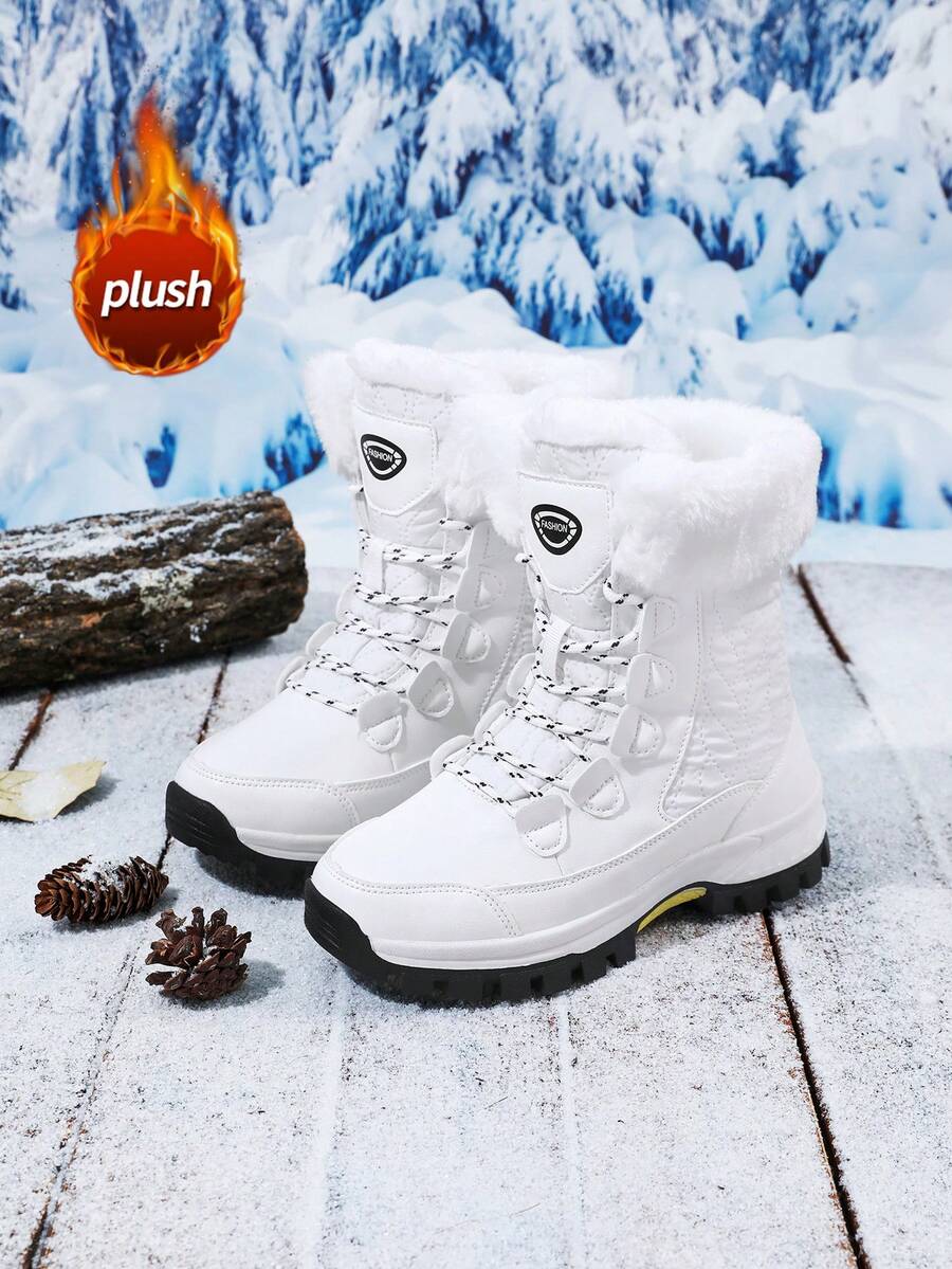 秋冬季女士防滑耐磨加厚保暖户外雪地靴，舒适纯色高帮徒步靴，毛绒靴