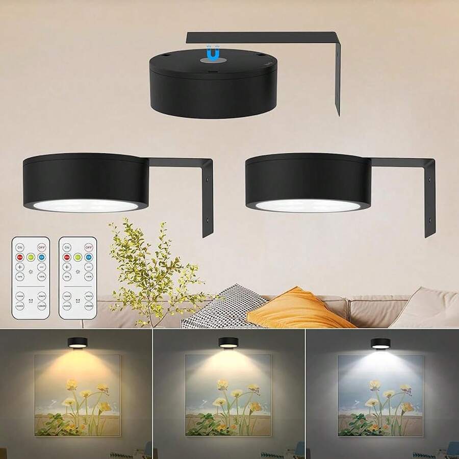 Lampara para Cuadros con Mando, Lampara para Pintar con Pilas, Lampara de Arte Inalámbrica con 3 Colores, Lampara de Retrato para Marcos de Arte, Lampara de Pared Decorativa (Negro) - Batería-Negro - Ver 1
