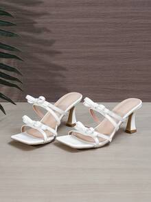 女士方头蝴蝶装饰细高跟凉鞋，优雅舒适的白色高跟凉鞋，时尚百搭的派对休闲鞋 - 白色 - 查看 6