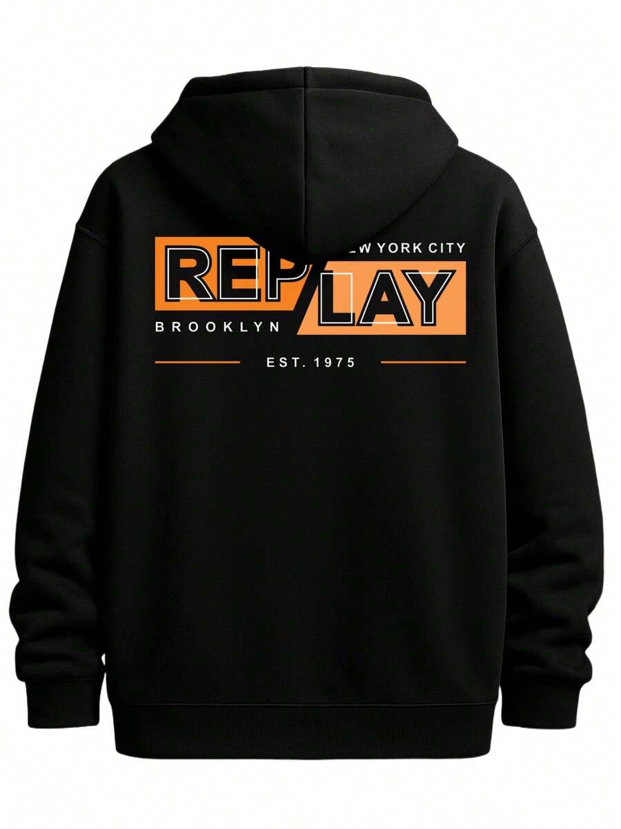 Replay Black Funny Hoodies Polyester For Men Casual Sporty Style Cool Hoodies , Funny Hoodies , Sweatshirt - 黑色 - 查看 1