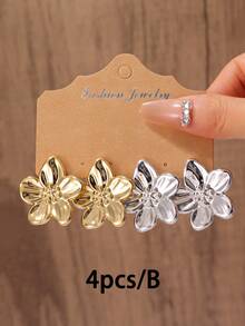 Bộ 4-12 bông tai hoa tối giản, nhiều bông tai đính hoa trơn, thích hợp đeo hàng ngày hoặc dự tiệc, quà tặng tuyệt vời cho bạn bè và gia đình - vàng + bạc - Xem 8